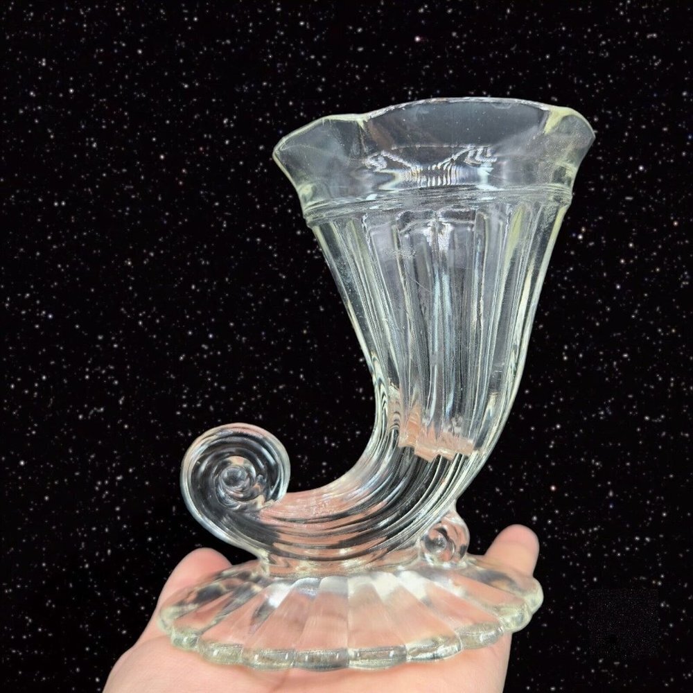 1960s Vintage Art Glass Vase‎ Cornucopia Footed Vase Clear Yellow Tint 5"Tall